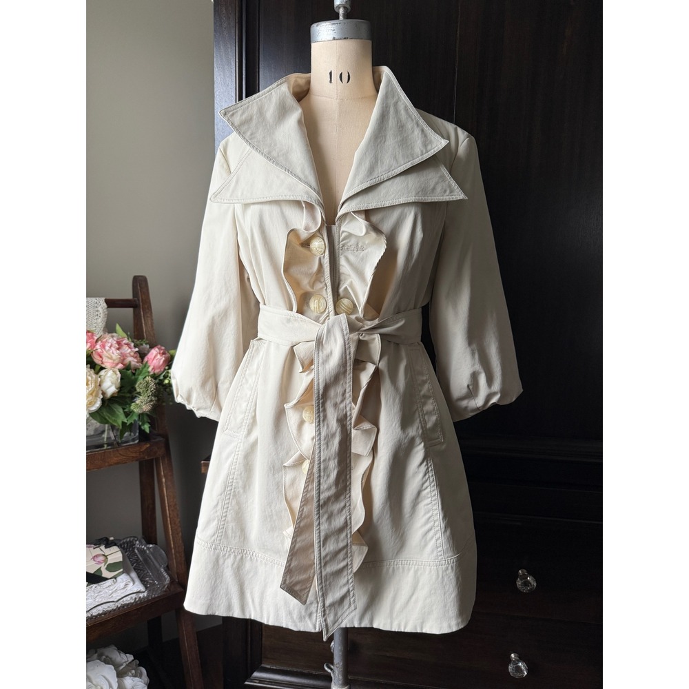 Kenar Trench Coat Cream Ruffle Front Belted Double Collar 3/4 Puff Sleeve Size L